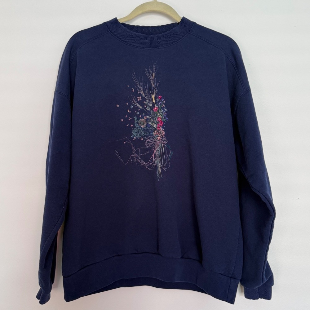 Vintage Northern Reflections Navy Blue Floral Bouquet Sweatshirt Women's XL